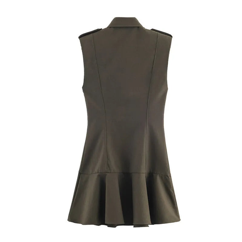 Women's Short Dress with Padded Shoulder Laminated Decoration Asymmetric Pleated Plaid Mid Waist Long Sleeve Nylon European American Style for Commute Temperament Size XS to L