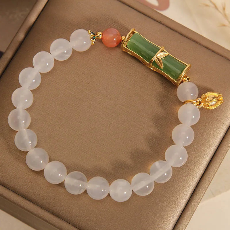 White agate and jade bamboo beaded bracelet in Chinese style for women.