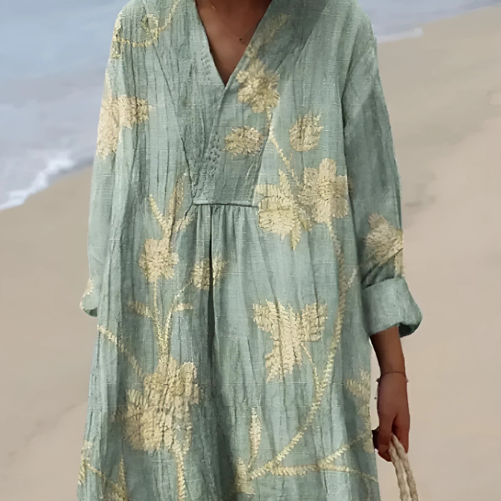 Casual long sleeve floral shirt dress with 3D print pattern on a mannequin