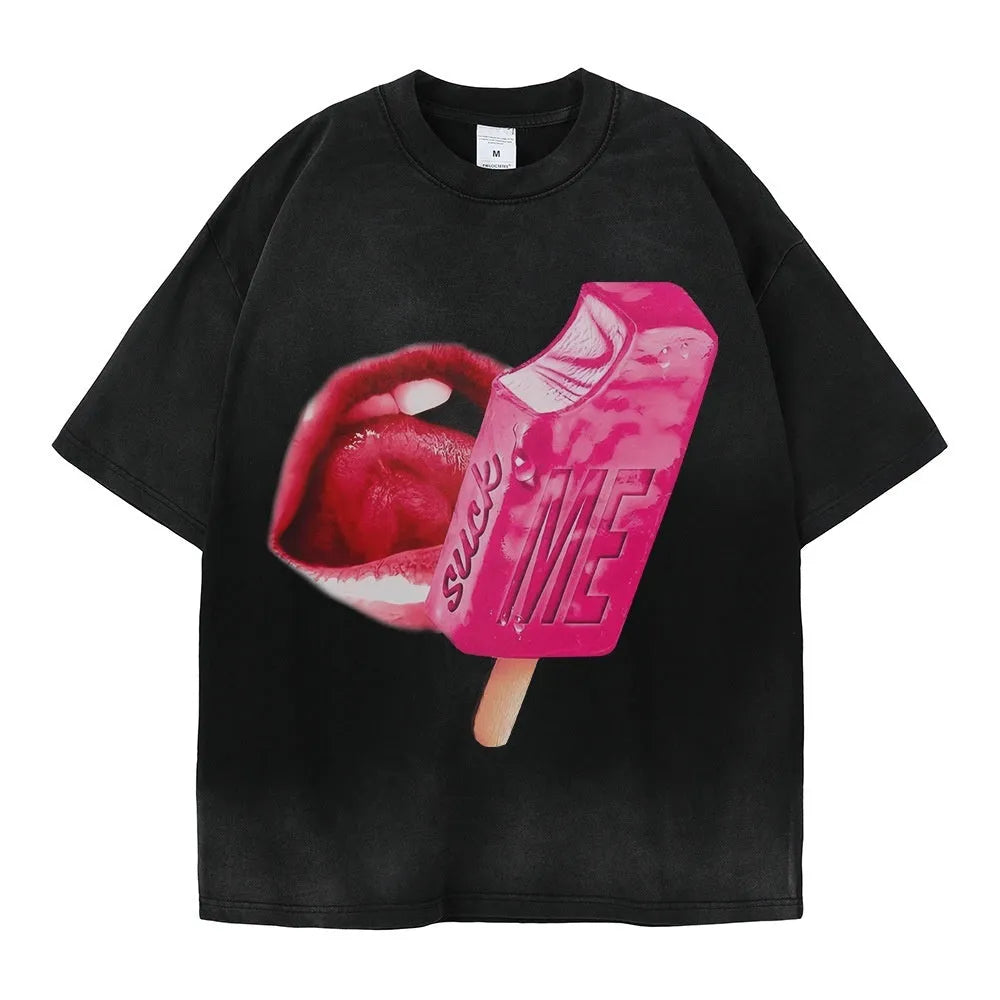 Unisex loose black heavy-washed cotton t-shirt with a cartoon graphic print on the front.