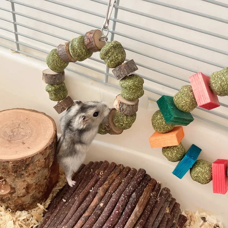 Small animal chew toy with applewood rod and decorative straw ball ring for hamsters guinea pigs rabbits
