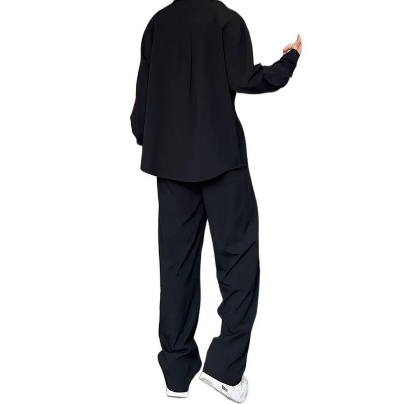 Men's black slim fit long sleeve polo shirt and trousers two-piece casual suit set