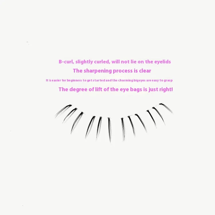Segmented artificial eyelashes showing sheer root to pointed tail design in 12-row configuration
