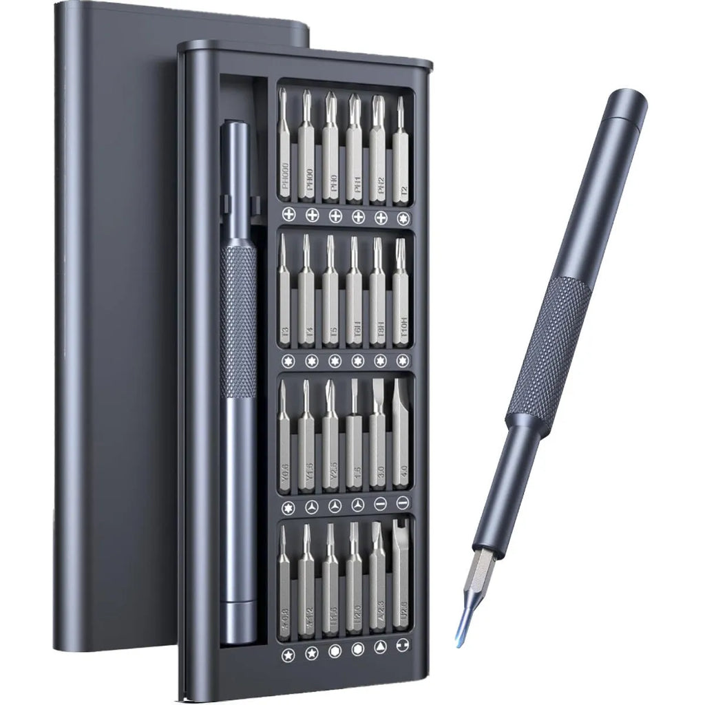 25-in-one magnetic screwdriver set with knurled handle and chrome vanadium steel bits.