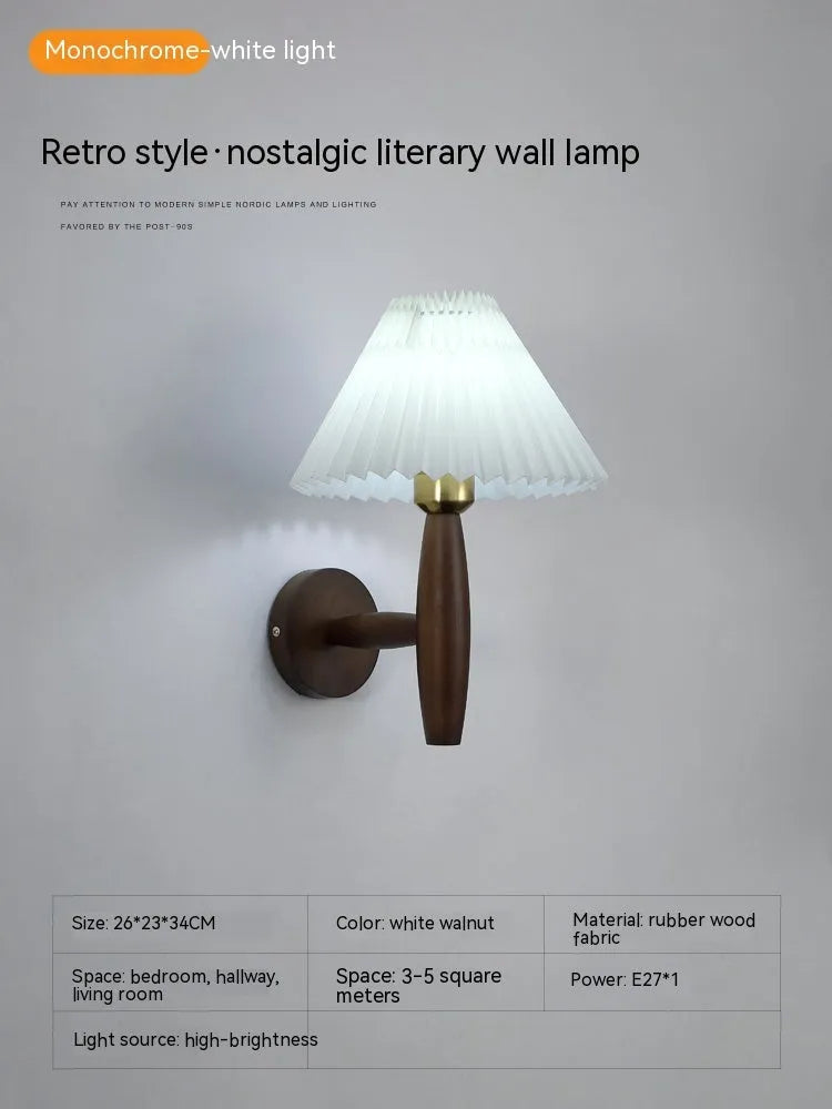 Walnut wood American retro bedside wall lamp with fabric shade and E27 socket