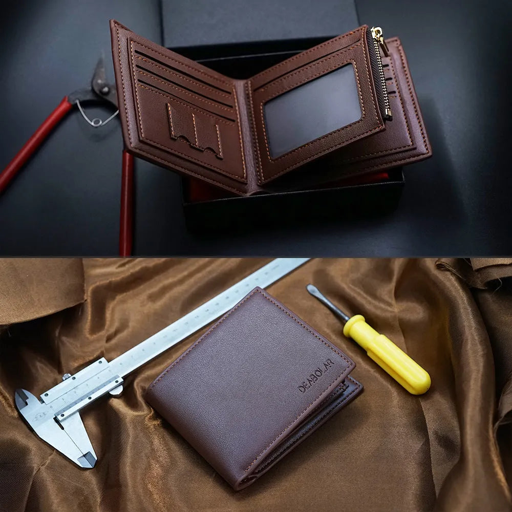 Leather men's wallet with zip closure, shown individually packaged.