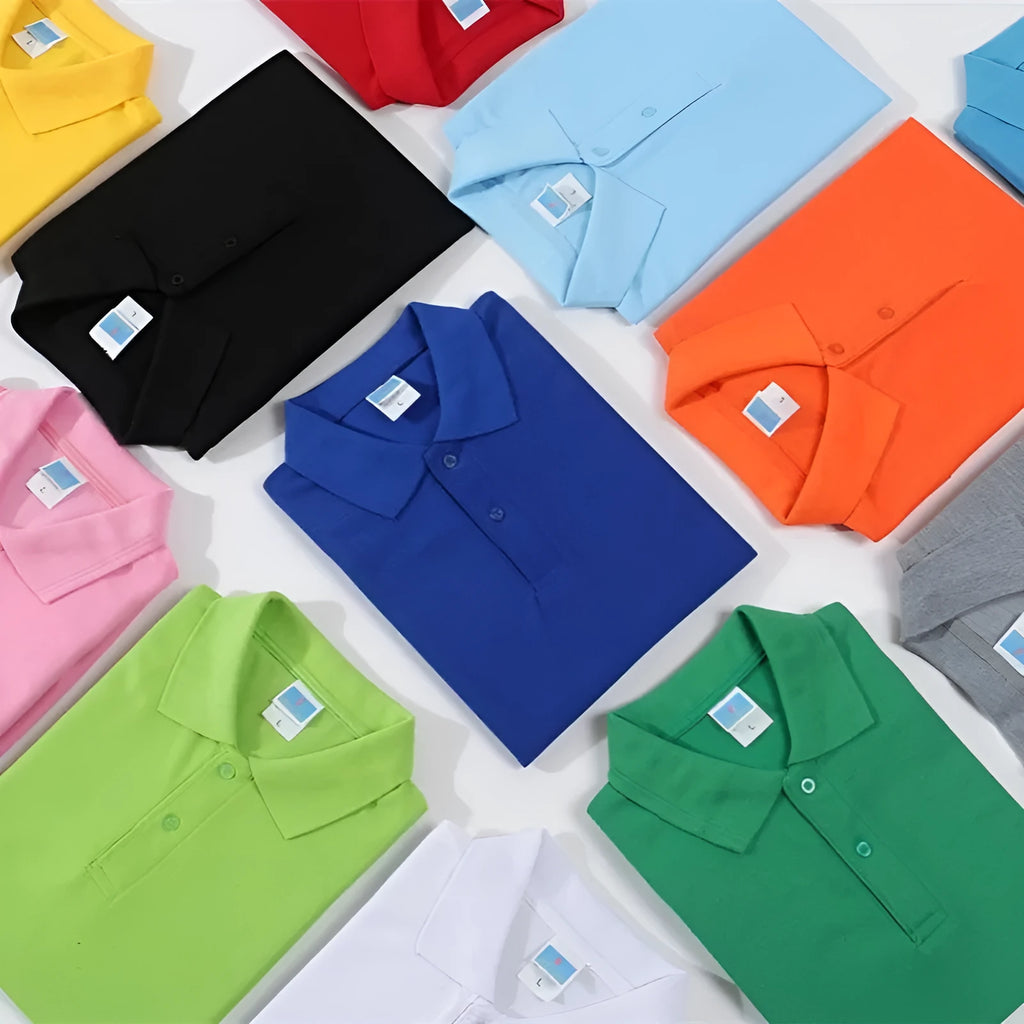 Short sleeve straight cut cotton work shirt for logo embroidery, shown in multiple colour options.