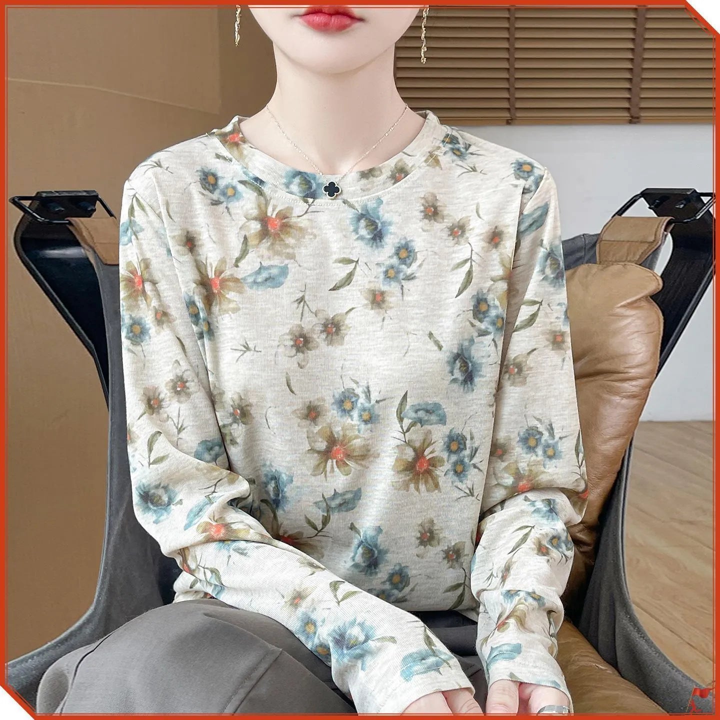 Floral print round neck pullover shirt in Tencel cotton fabric on hanger