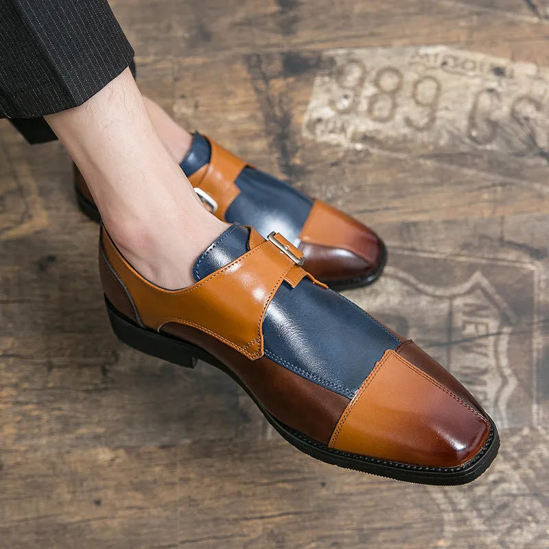 Men's British style retro buckle leather shoes in brown blue colour with tall crown design