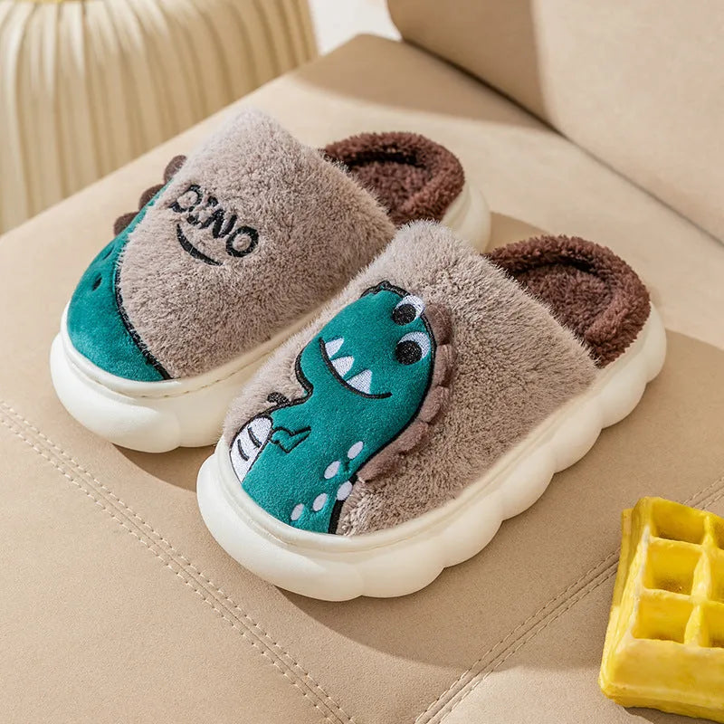 Cotton plush indoor slippers with dinosaur designs in grey, coffee and orange colours