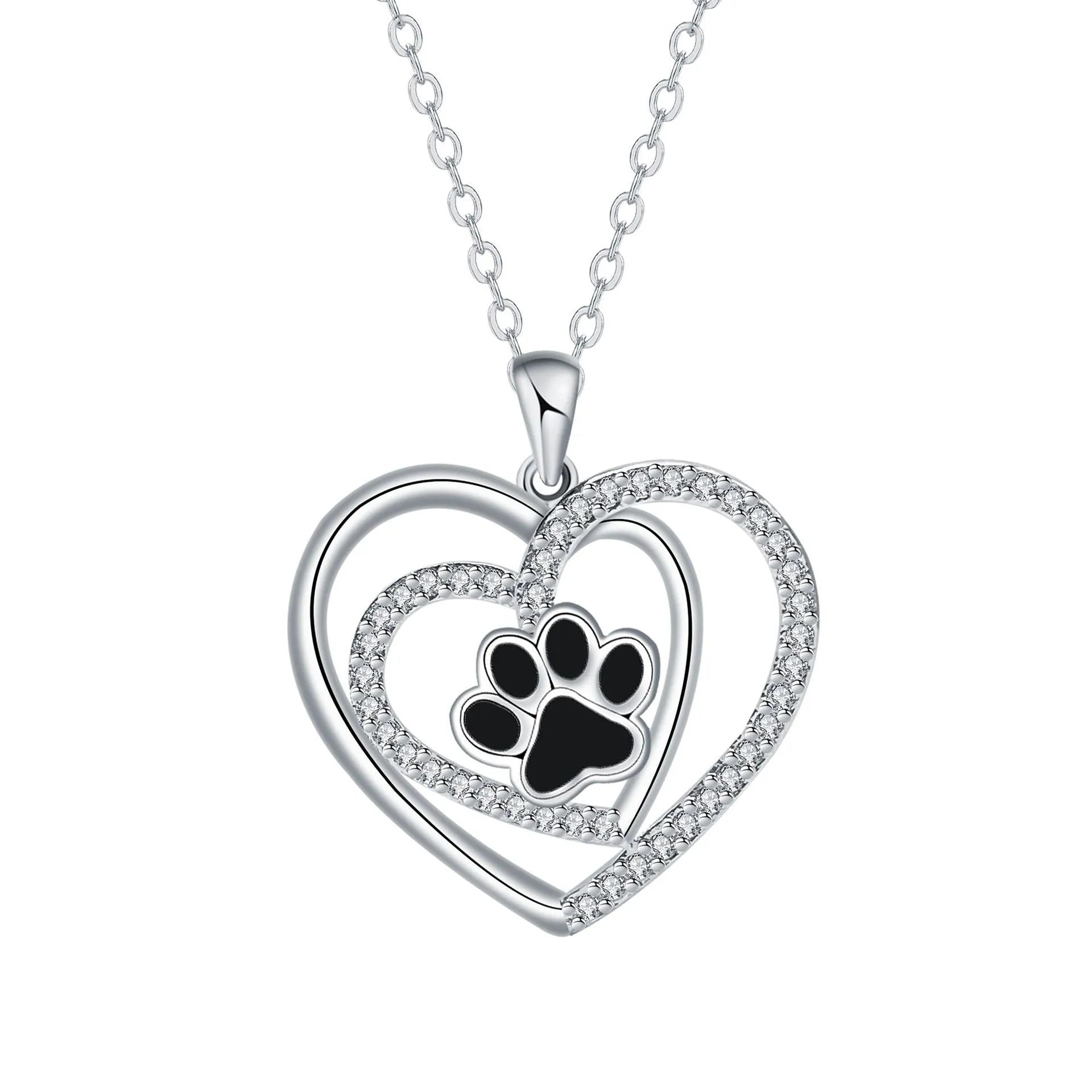 Close-up of a women's copper necklace with a heart-shaped dog's paw print pendant.