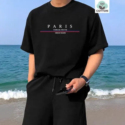 Men's heavy pure cotton short-sleeved loose t-shirt with printed letter design in apricot colour