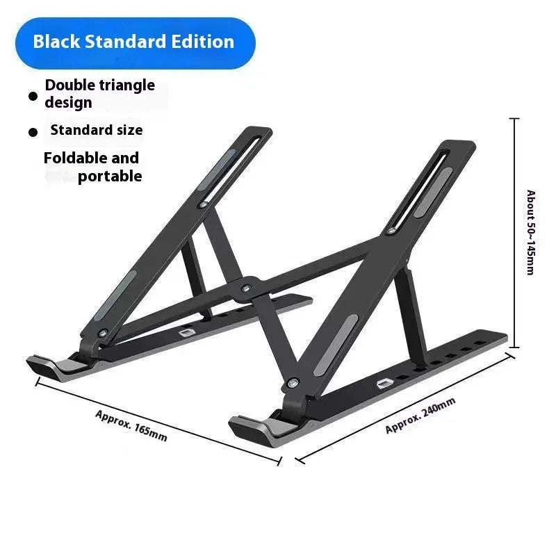 Silver aluminium folding laptop stand shown open and closed next to a laptop