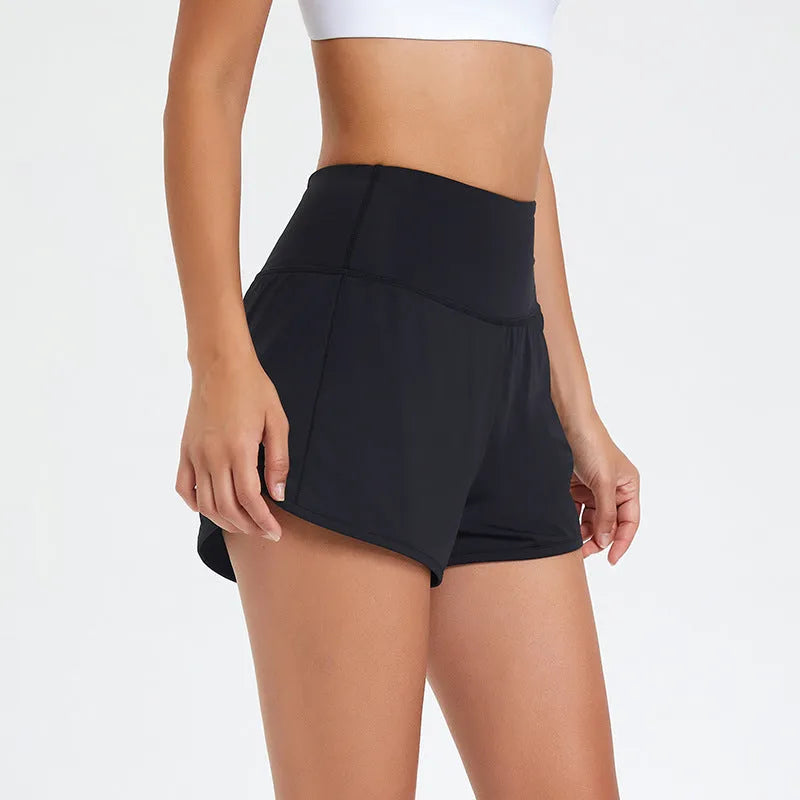 Women's high-waist quick-dry nylon fitness shorts in black, water blue, or white