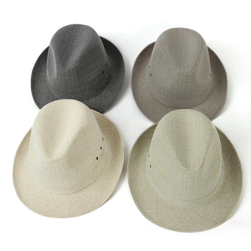Classic thickened fedora hat for men in suit material, shown in various colours and sizes.