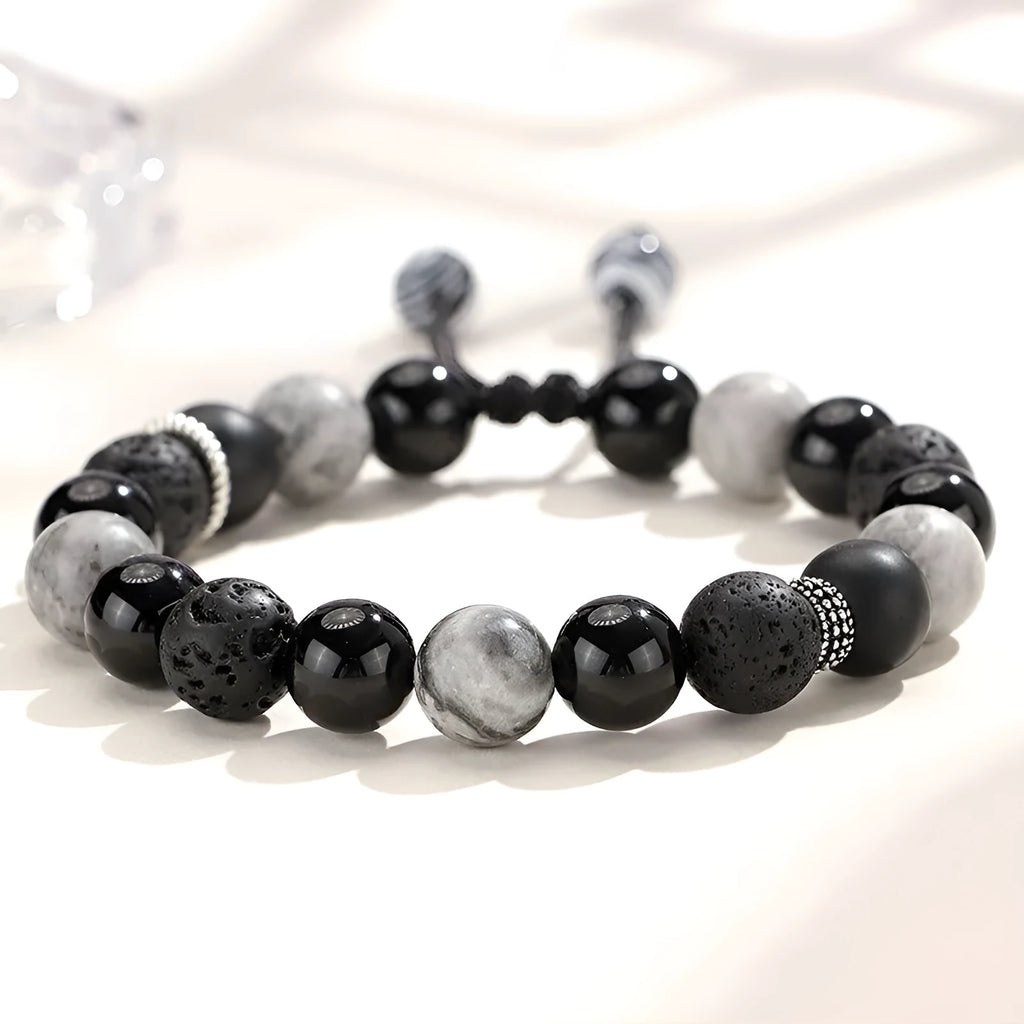 Black agate map stone volcanic bracelet with diamond shape and electroplated finish, showing men's 10mm and women's 8mm sizes.