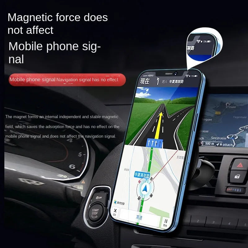 Black aluminium alloy magnetic car phone holder mounted on air vent with smartphone attached