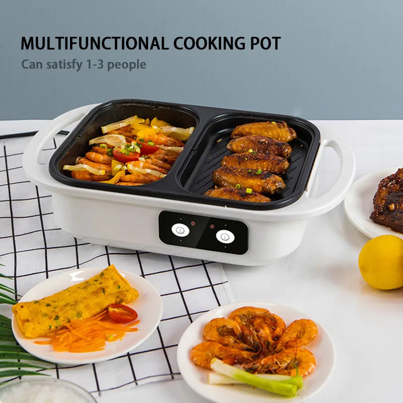 White or green dual-function electric hot pot appliance with mechanical controls for caldron and frying oven use.