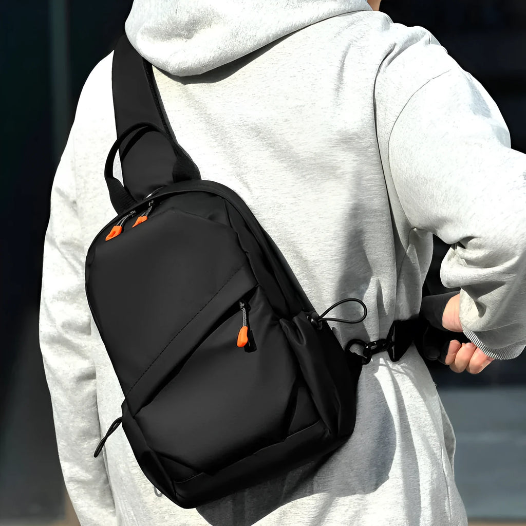 Black and grey mens casual crossbody bag made from waterproof polyester with single shoulder strap