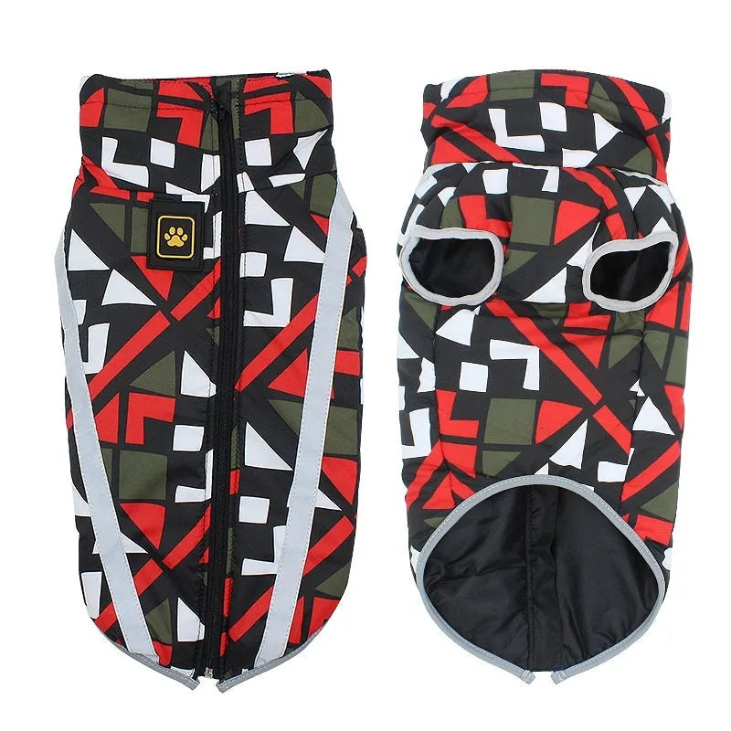 Thick reflective hardshell dog jacket in geometric pattern with European American styling