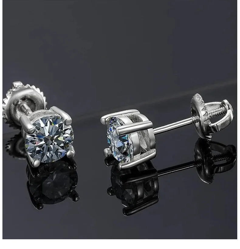 Silver screw-back moissanite stud earrings with four-claw setting and geometric shape design