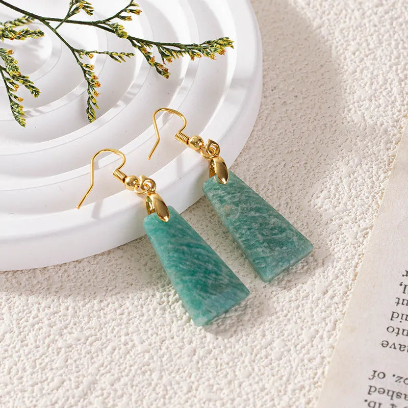 Amazonite rough stone trapezoid earrings with geometric octagon elements in gold and silver colour options