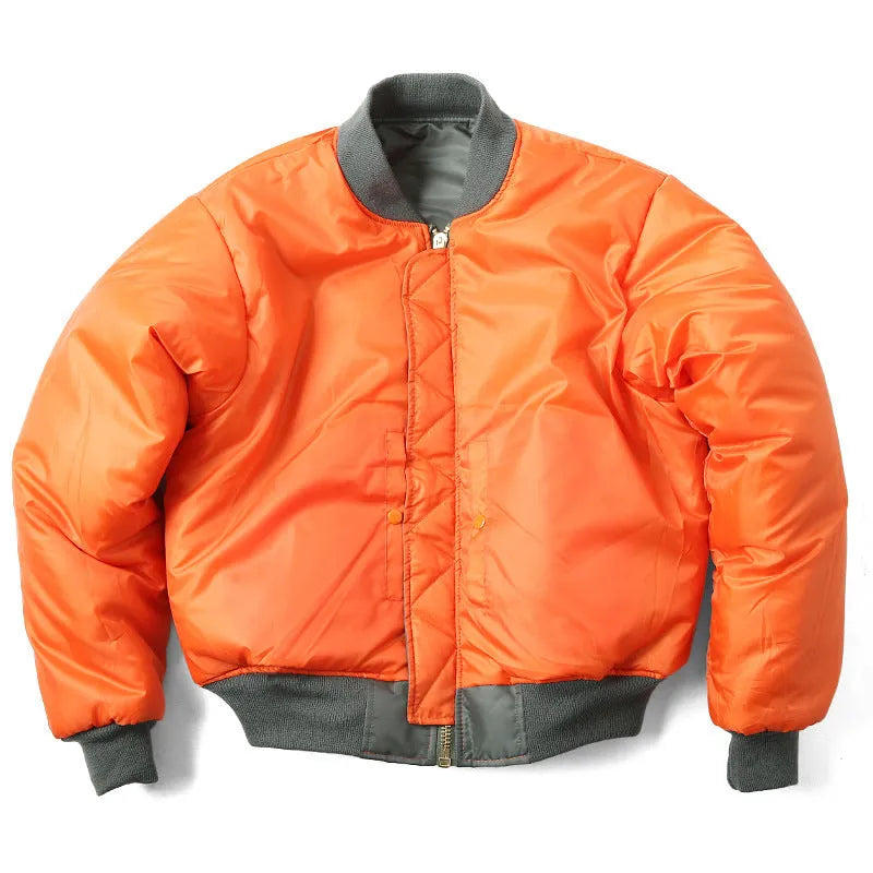 Men's American workwear pilot cotton-padded jacket in army green colour showing loose fit styling