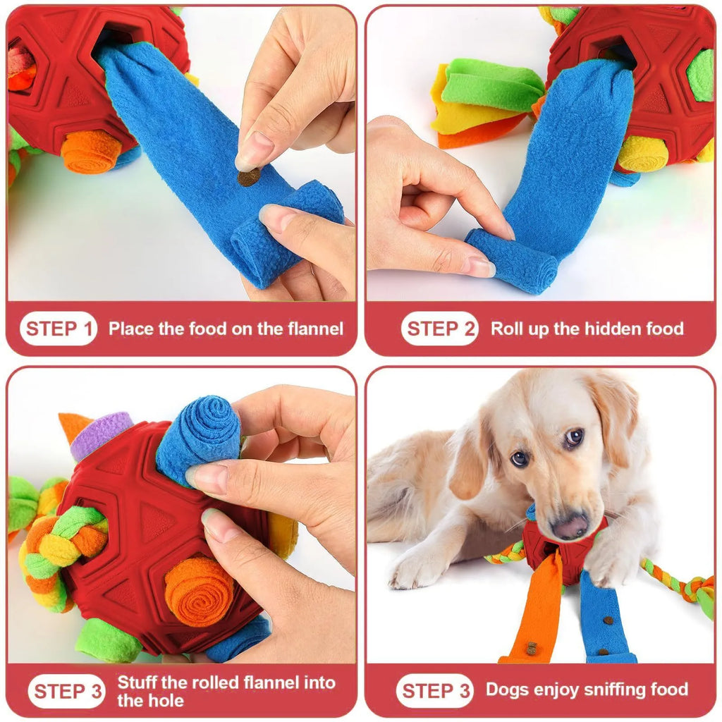 Blue thermoplastic rubber dog sniffing ball puzzle toy for IQ training and treat dispensing on a white background.
