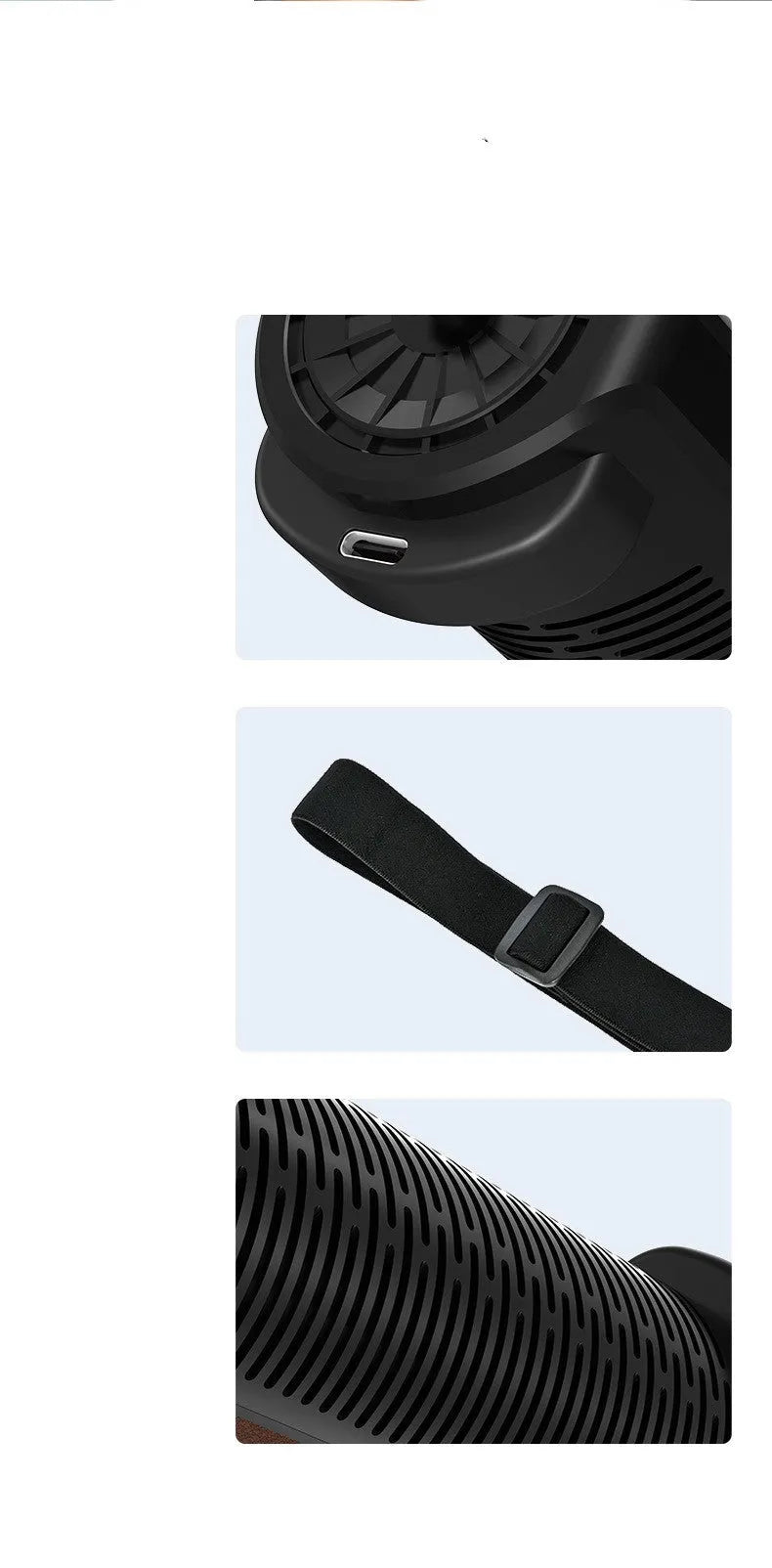 Compact black bladeless car fan showing rear ventilation grille and USB power port.