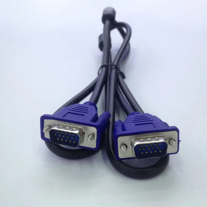 Black VGA cable with blue moulded heads and nickel-plated terminals for computer to monitor connections
