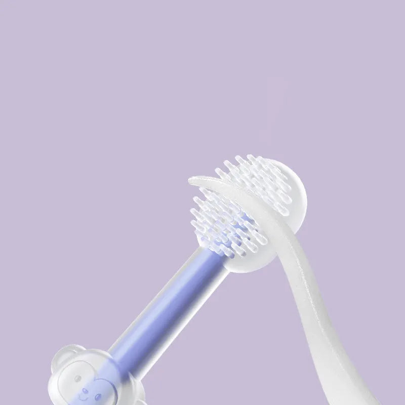 Blue, green, and purple dual-head silicone toothbrushes for pet dental care on a white background.