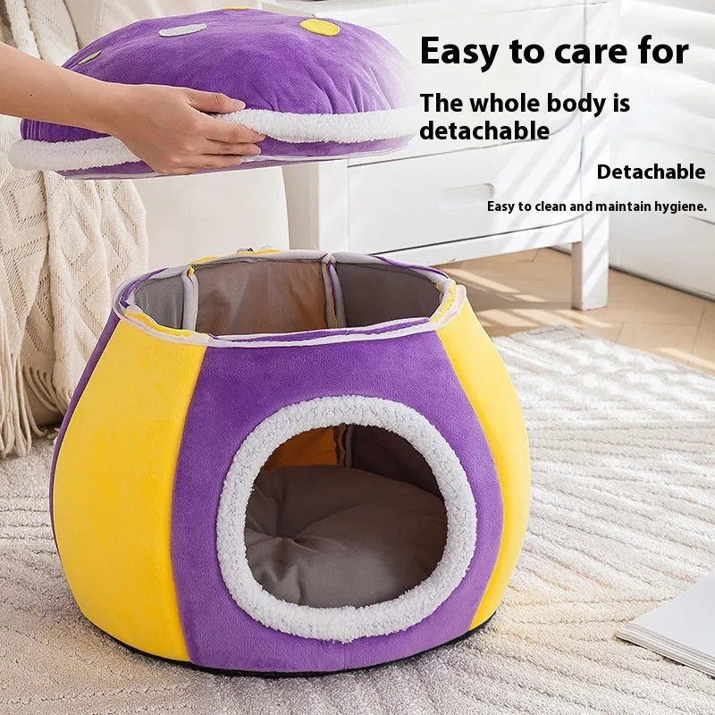 Plush grey mushroom-shaped cat bed with a detachable rabbit fur blanket inside.