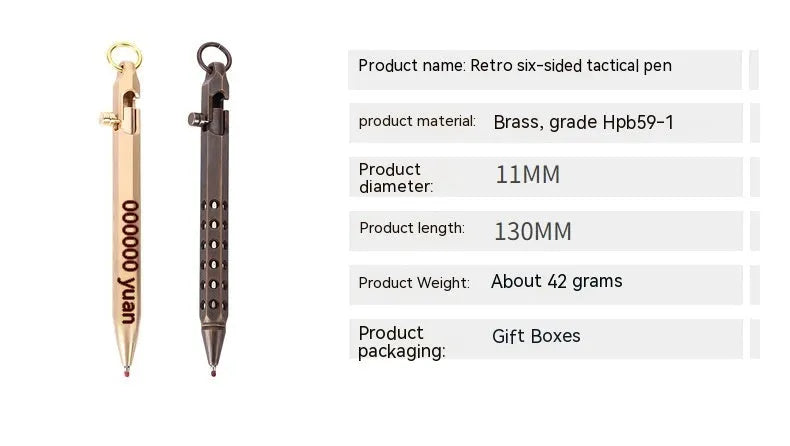 Brass hexagonal bolt action pen showing six-sided barrel and bolt mechanism in natural brass finish