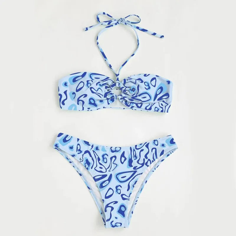 Blue floral bandeau bikini with split design and matching briefs