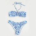 Blue floral bandeau bikini with split design and matching briefs