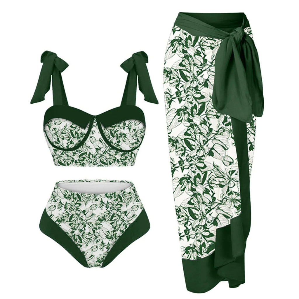 Women's printed three-piece swimsuit set showing bra top, skirt bottom and panties in floral pattern
