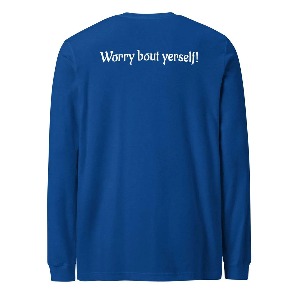 Blue men's loose round neck polyester sweater with printed letter patterns, casual pullover style.
