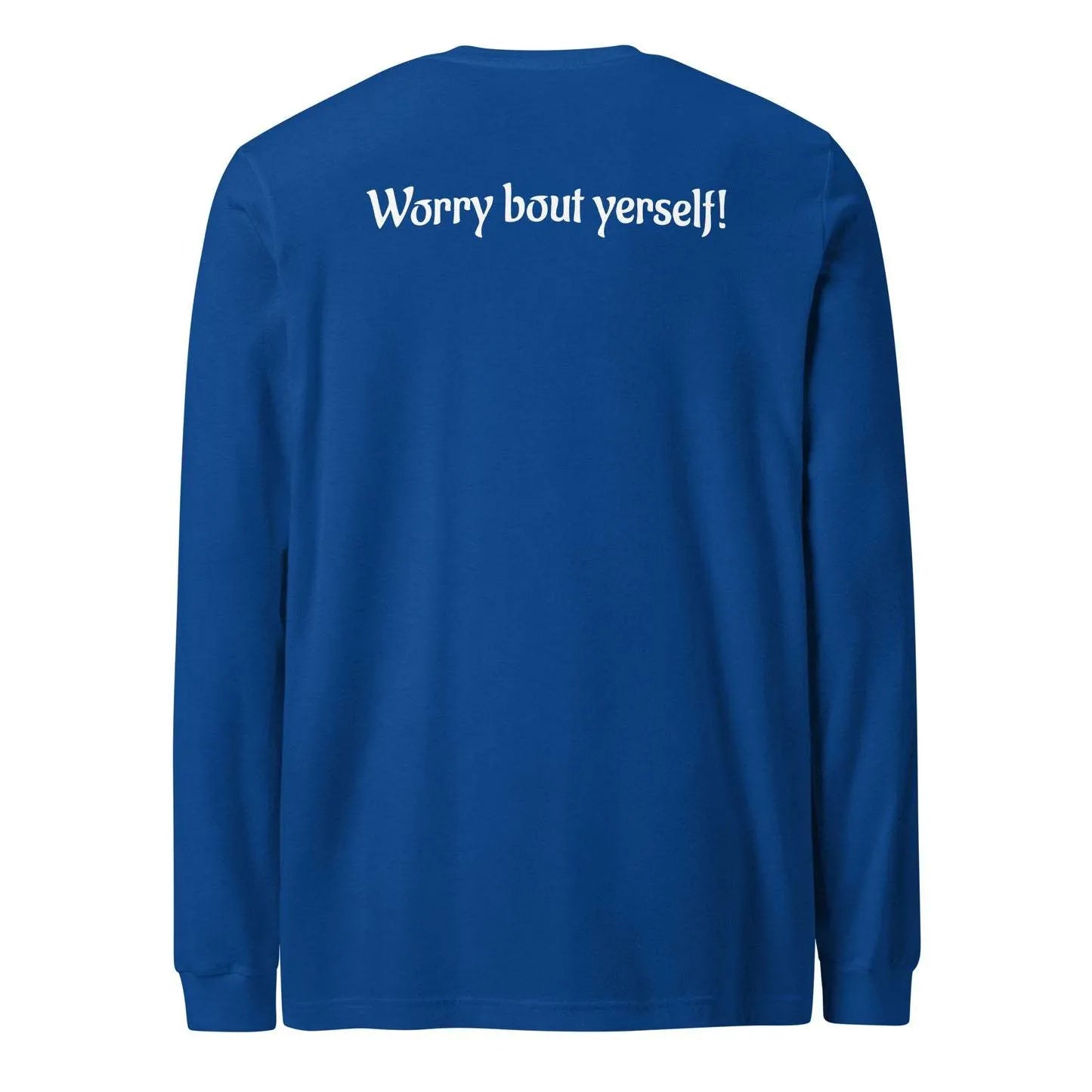 Blue men's loose round neck polyester sweater with printed letter patterns, casual pullover style.