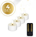 Four white plastic LED tealight candles with flickering warm white light.