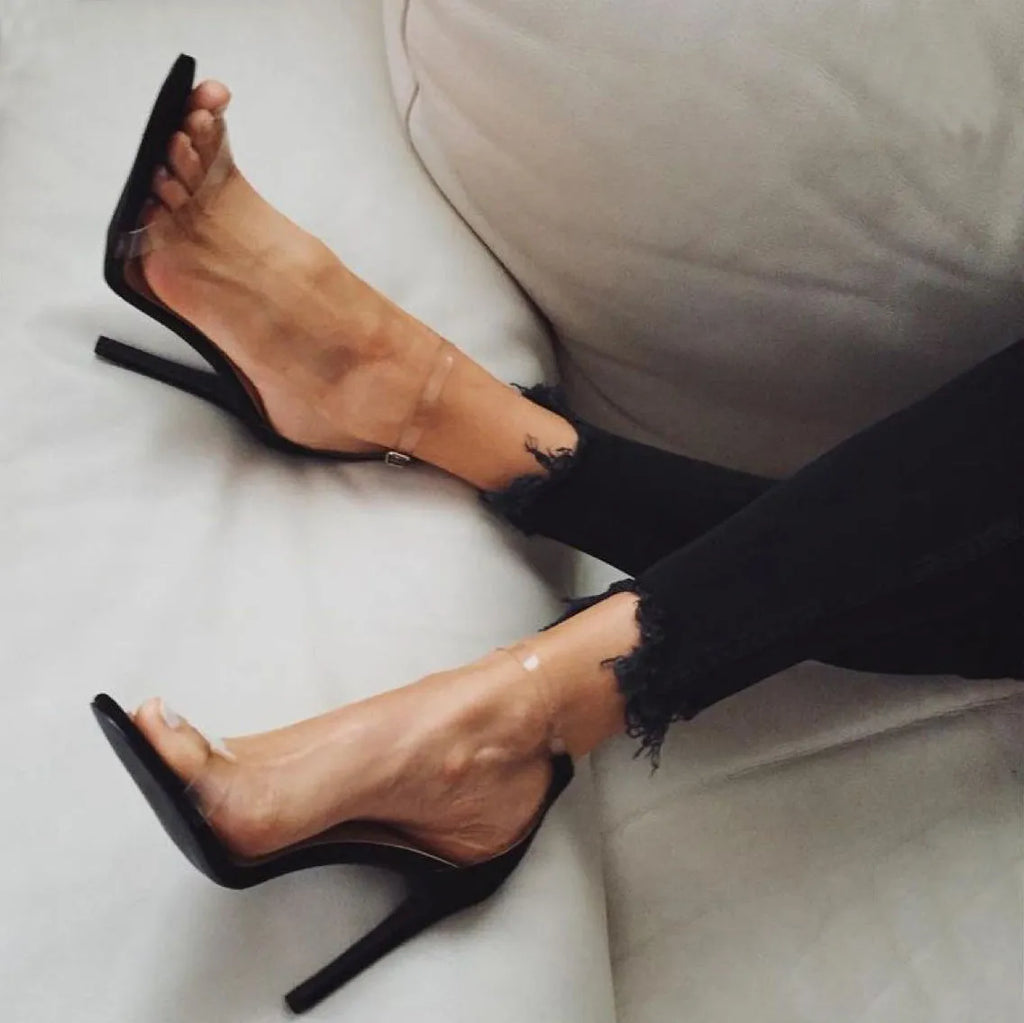 Transparency high heel sandals for women in apricot colour with clear plastic upper