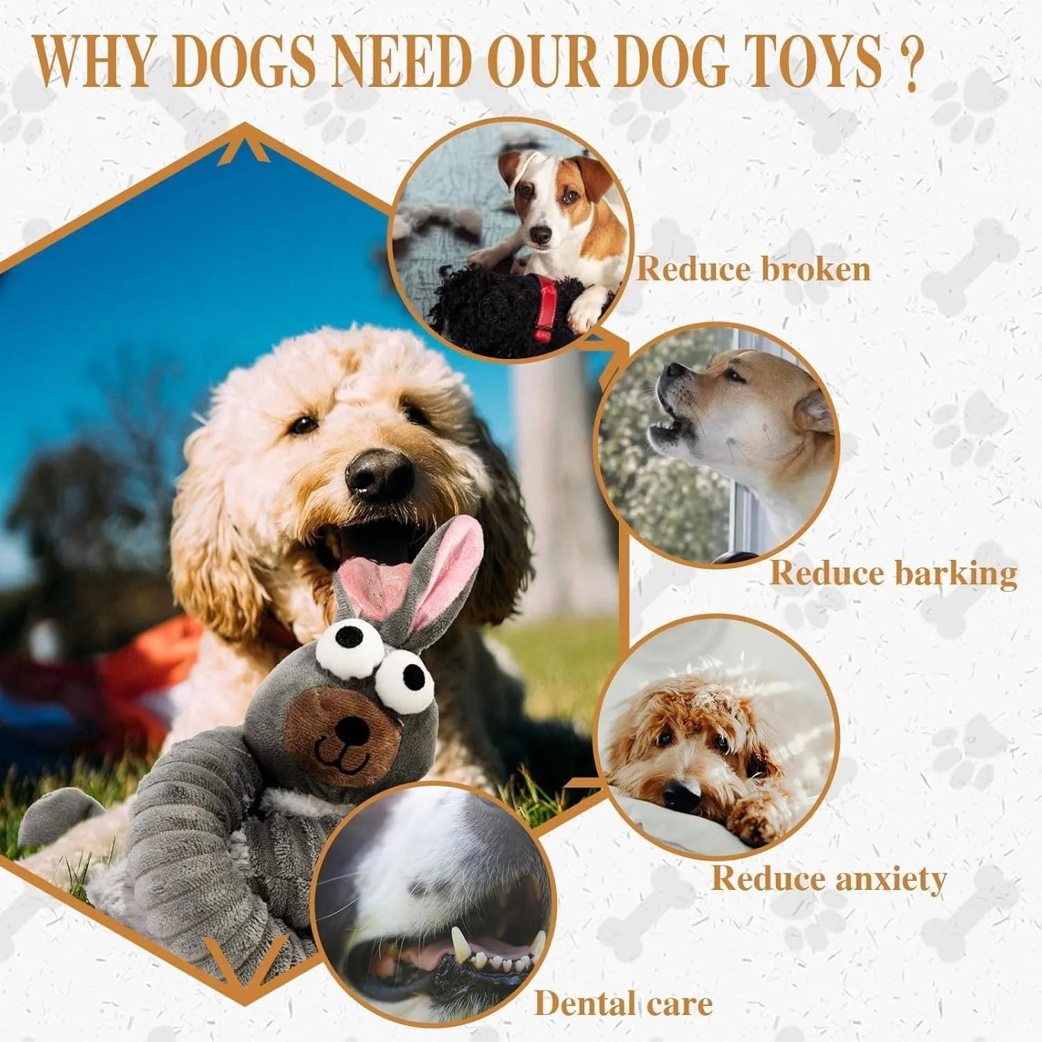 Plush squeaky dog toy with crinkle sounds and foldable design in brown, grey, and yellow colours