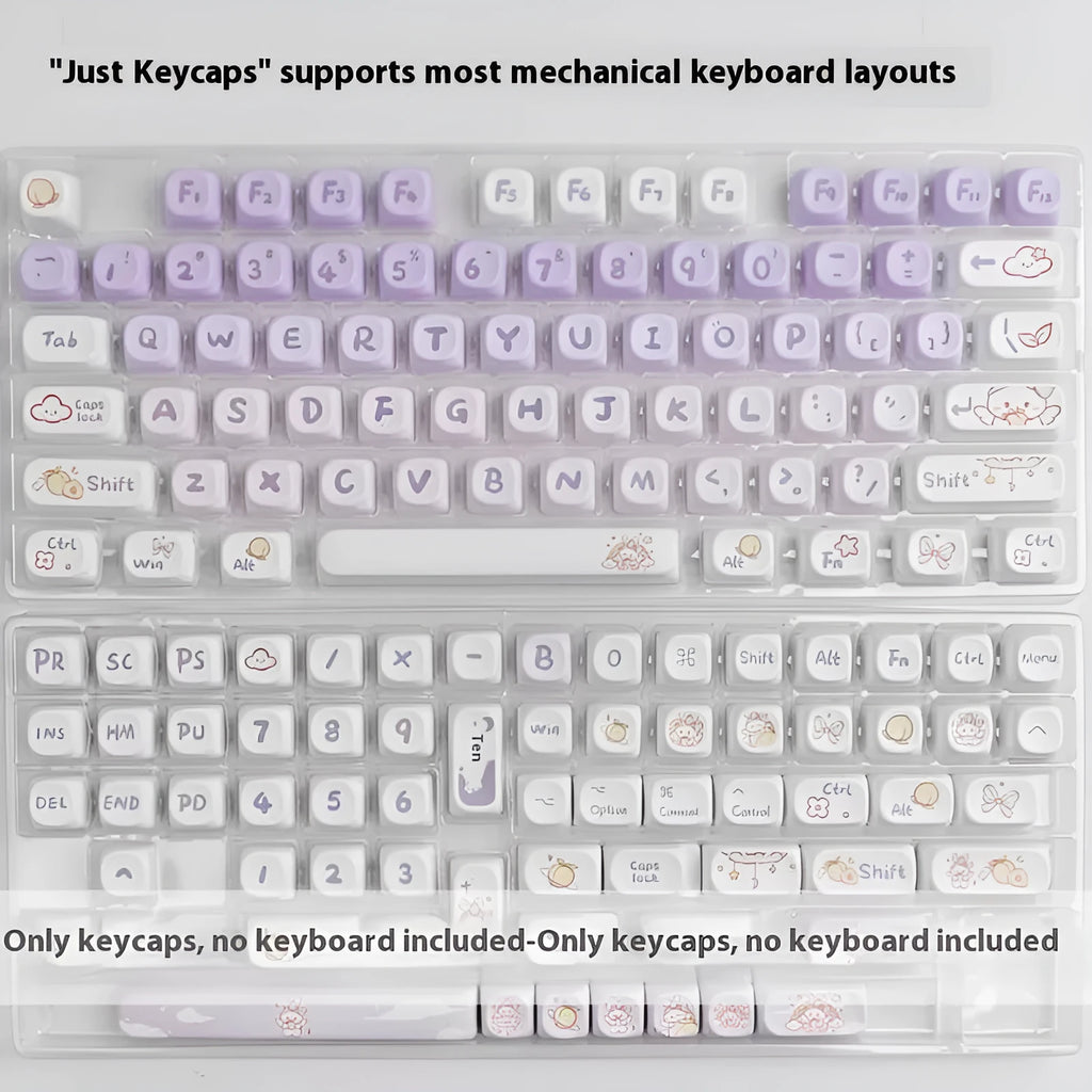 Set of gradient purple PBT keycaps with colourful Coeco rabbit artwork for mechanical keyboards.
