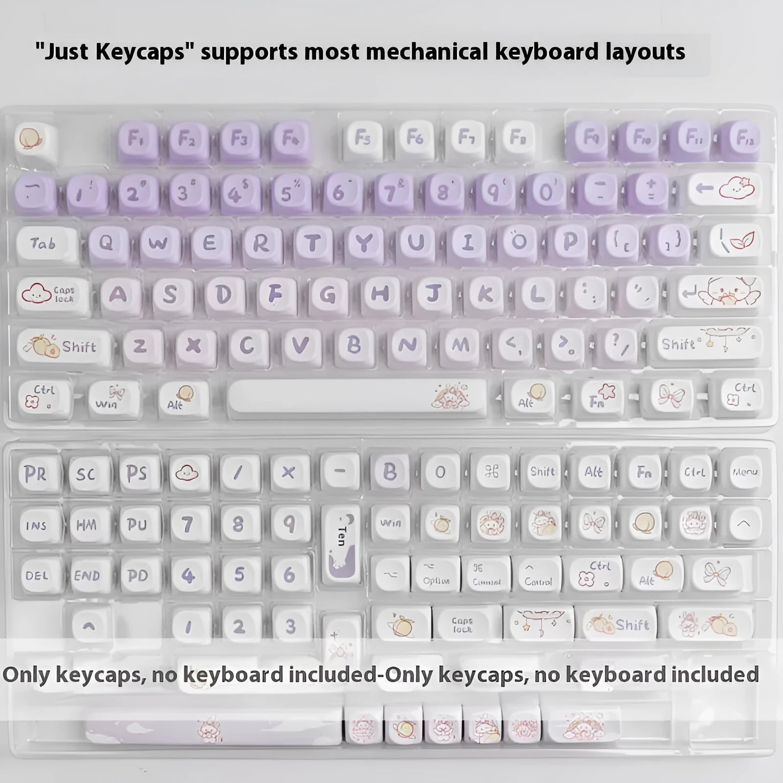 Set of gradient purple PBT keycaps with colourful Coeco rabbit artwork for mechanical keyboards.