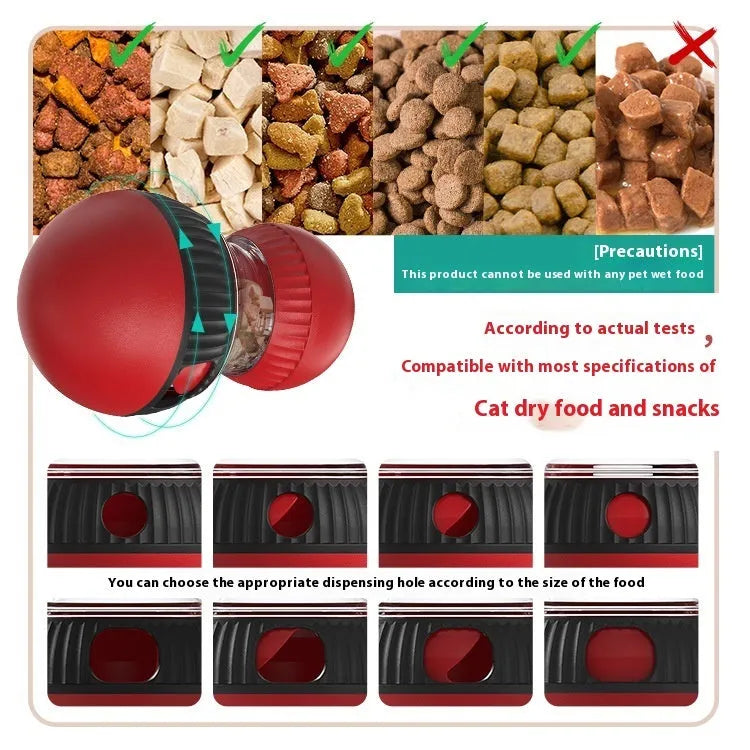Rotating plastic cat toy with sound features and treat openings measuring 155mm with super ball accessory