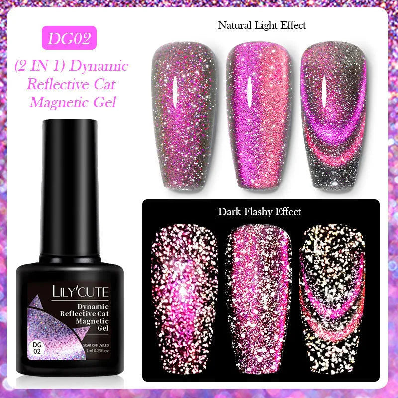Cat eye effect nail polish gel with glitter and diamond fragments in six colour options