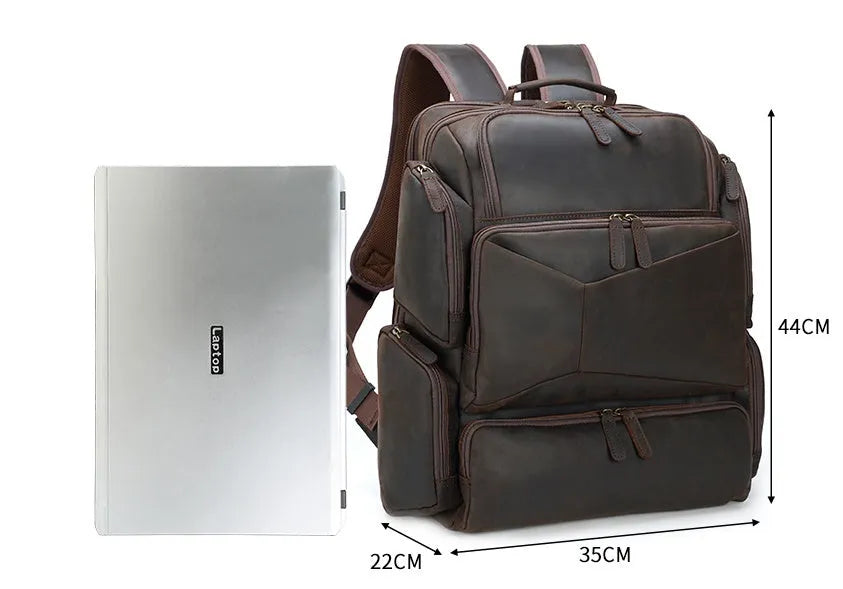 Dark brown retro genuine leather backpack for men with a 17-inch laptop compartment.