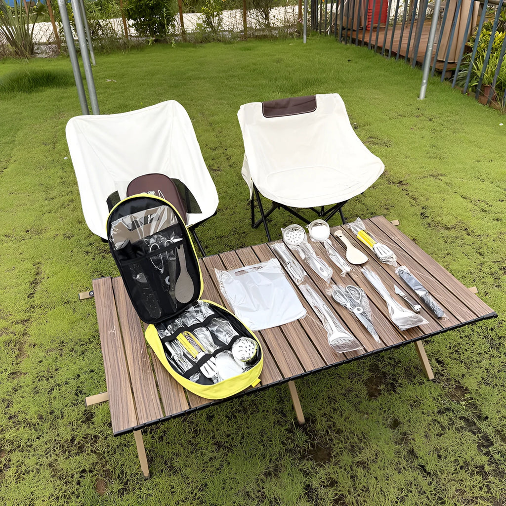 Portable picnic kitchenware storage bag containing 12 pieces of stainless steel cutlery and utensils.