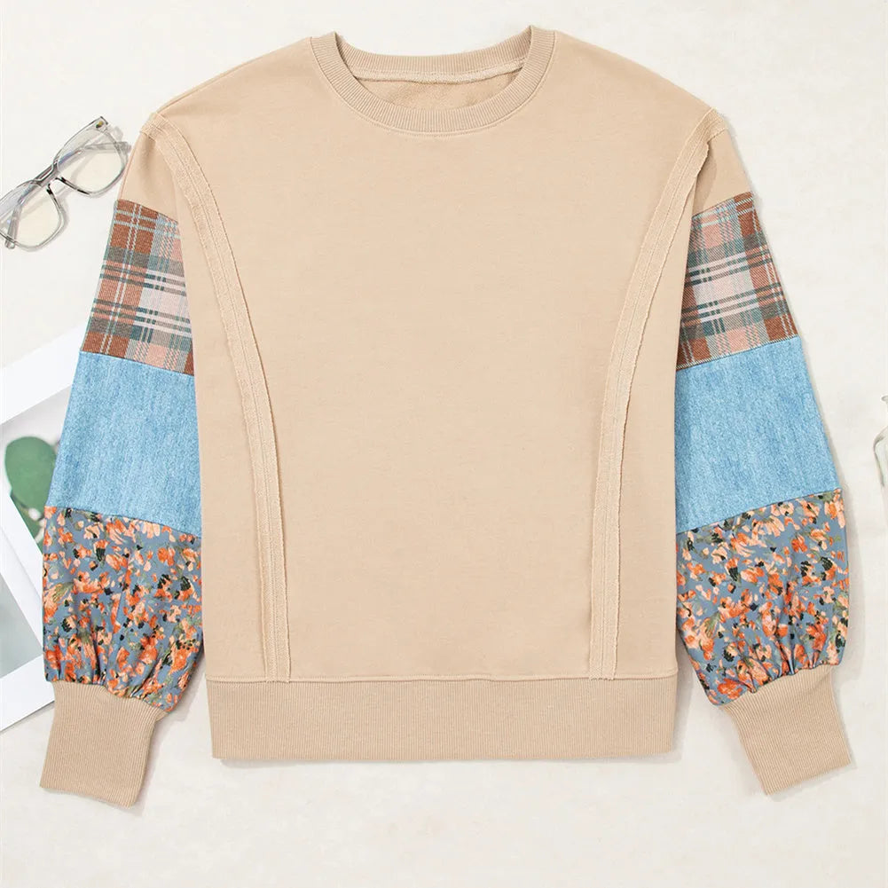 Women's plaid stitching long-sleeved loose top in apricot colour with Japanese casual style