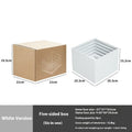 Set of six white plastic cube dessert display stands arranged on a table.