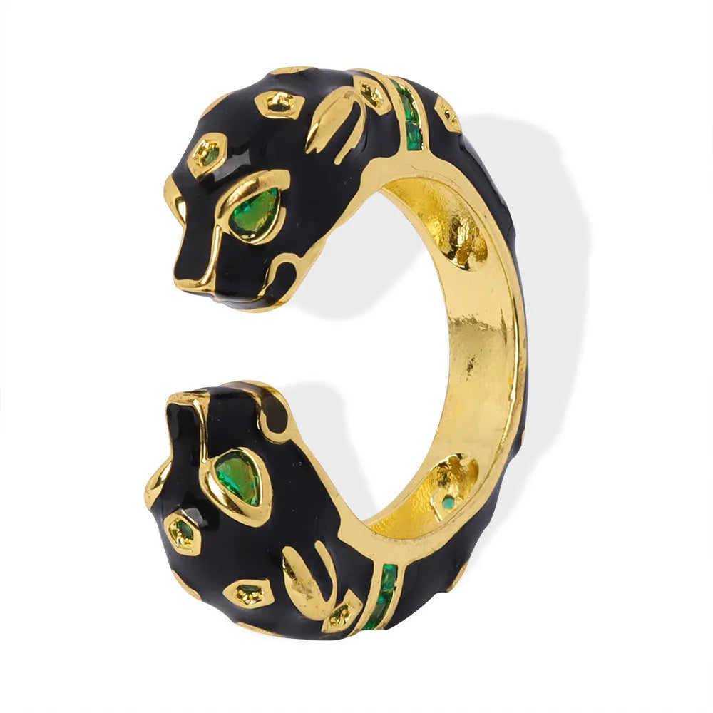 Women's geometric open ring with black cheetah drip pattern on copper, size no.7